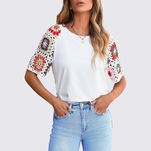 Chvity Crochet Shirts for Women Crewneck Shirt Floral Short Sleeve Casual Pullover Blouse Summer Tops in Saudi Arabia
