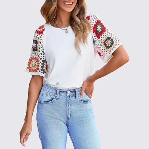 Chvity Crochet Shirts for Women Crewneck Shirt Floral Short Sleeve Casual Pullover Blouse Summer Tops in Saudi Arabia