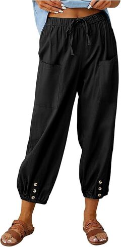 Casual Pants for Women Lantern Tapered Harem Pants Loose Fit Style Flax Ankle Trousers Summer Baggy Slacks with Pockets in Saudi Arabia