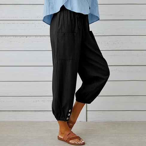 Casual Pants for Women Lantern Tapered Harem Pants Loose Fit Style Flax Ankle Trousers Summer Baggy Slacks with Pockets in Saudi Arabia