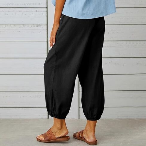 Casual Pants for Women Lantern Tapered Harem Pants Loose Fit Style Flax Ankle Trousers Summer Baggy Slacks with Pockets in Saudi Arabia