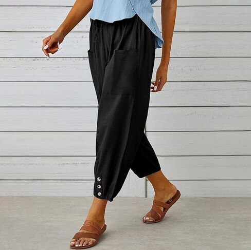 Casual Pants for Women Lantern Tapered Harem Pants Loose Fit Style Flax Ankle Trousers Summer Baggy Slacks with Pockets in Saudi Arabia