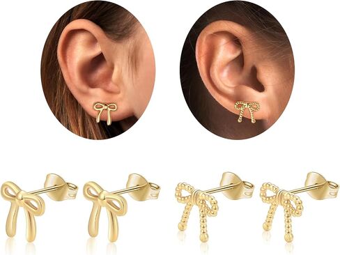 Surgical Steel Small Bow Earrings Set, Lightweight 14K Gold Plated Stud Earrings for Women Hypoallergenic Waterproof Non Tarnish in Saudi Arabia