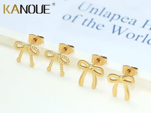 Surgical Steel Small Bow Earrings Set, Lightweight 14K Gold Plated Stud Earrings for Women Hypoallergenic Waterproof Non Tarnish in Saudi Arabia
