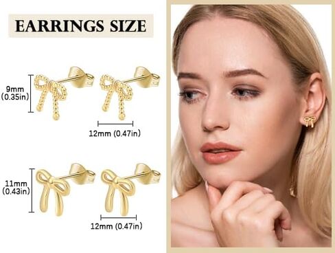 Surgical Steel Small Bow Earrings Set, Lightweight 14K Gold Plated Stud Earrings for Women Hypoallergenic Waterproof Non Tarnish in Saudi Arabia
