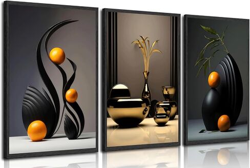 3Pcs Black Abstract Wall Art Modern Still Lifes Ceramic Wall Deco Pictures orange Black Shape Canvas Posters Prints for Living Room Bedroom Bathroom Home Decoration UnFramed in Saudi Arabia