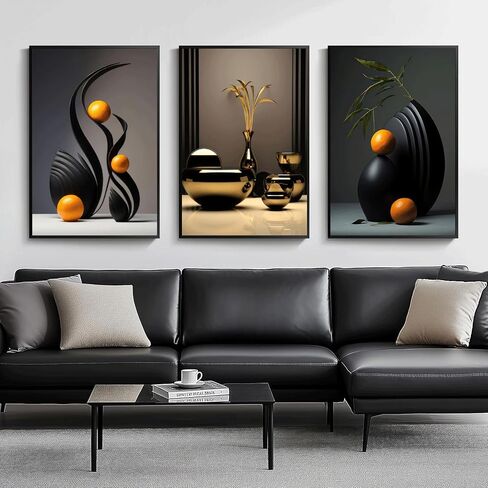 3Pcs Black Abstract Wall Art Modern Still Lifes Ceramic Wall Deco Pictures orange Black Shape Canvas Posters Prints for Living Room Bedroom Bathroom Home Decoration UnFramed in Saudi Arabia