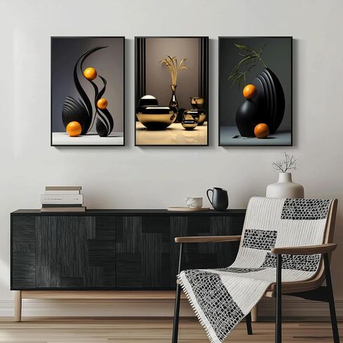 3Pcs Black Abstract Wall Art Modern Still Lifes Ceramic Wall Deco Pictures orange Black Shape Canvas Posters Prints for Living Room Bedroom Bathroom Home Decoration UnFramed in Saudi Arabia