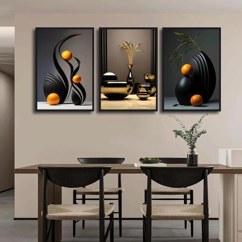 3Pcs Black Abstract Wall Art Modern Still Lifes Ceramic Wall Deco Pictures orange Black Shape Canvas Posters Prints for Living Room Bedroom Bathroom Home Decoration UnFramed in Saudi Arabia