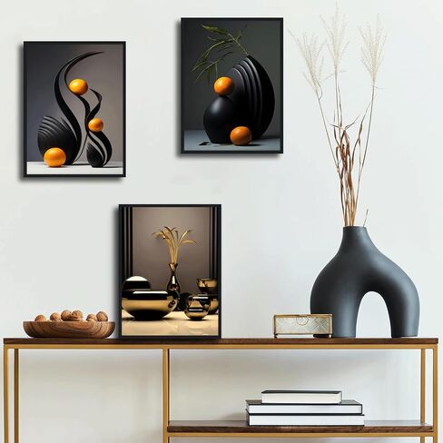 3Pcs Black Abstract Wall Art Modern Still Lifes Ceramic Wall Deco Pictures orange Black Shape Canvas Posters Prints for Living Room Bedroom Bathroom Home Decoration UnFramed in Saudi Arabia