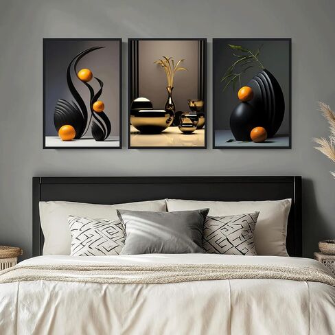 3Pcs Black Abstract Wall Art Modern Still Lifes Ceramic Wall Deco Pictures orange Black Shape Canvas Posters Prints for Living Room Bedroom Bathroom Home Decoration UnFramed in Saudi Arabia