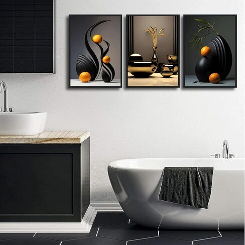 3Pcs Black Abstract Wall Art Modern Still Lifes Ceramic Wall Deco Pictures orange Black Shape Canvas Posters Prints for Living Room Bedroom Bathroom Home Decoration UnFramed in Saudi Arabia