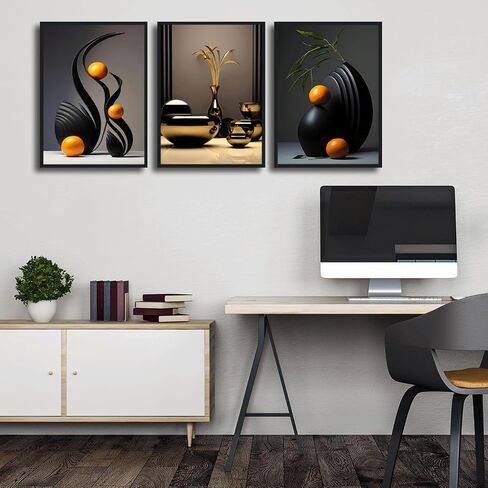 3Pcs Black Abstract Wall Art Modern Still Lifes Ceramic Wall Deco Pictures orange Black Shape Canvas Posters Prints for Living Room Bedroom Bathroom Home Decoration UnFramed in Saudi Arabia