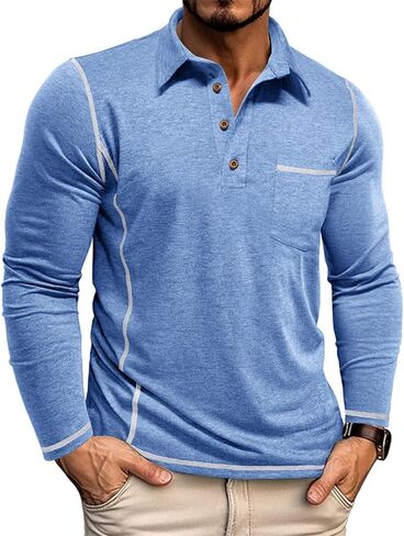 Men's Casual Long Sleeve Polo Shirts Collared Button Cotton T-Shirt Classic Stylish Golf Shirt with Pocket in Saudi Arabia