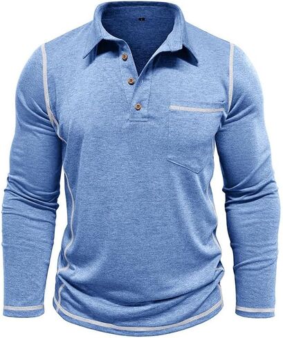 Men's Casual Long Sleeve Polo Shirts Collared Button Cotton T-Shirt Classic Stylish Golf Shirt with Pocket in Saudi Arabia