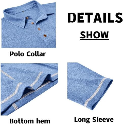 Men's Casual Long Sleeve Polo Shirts Collared Button Cotton T-Shirt Classic Stylish Golf Shirt with Pocket in Saudi Arabia