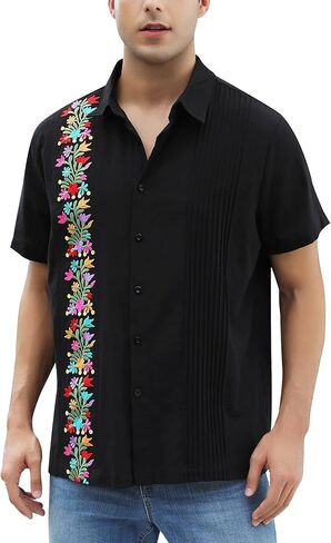 Mexican Shirts for Men Guayabera Embroidered Traditional Fiesta Button Up Collared Short Sleeve Shirt in Saudi Arabia