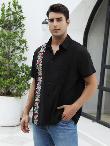 Mexican Shirts for Men Guayabera Embroidered Traditional Fiesta Button Up Collared Short Sleeve Shirt in Saudi Arabia