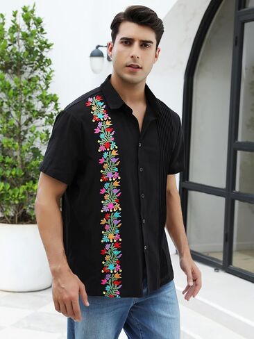 Mexican Shirts for Men Guayabera Embroidered Traditional Fiesta Button Up Collared Short Sleeve Shirt in Saudi Arabia