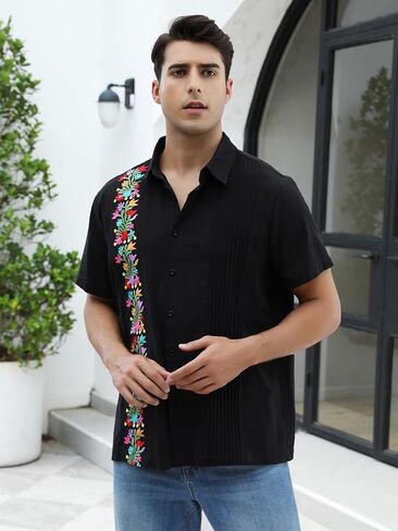 Mexican Shirts for Men Guayabera Embroidered Traditional Fiesta Button Up Collared Short Sleeve Shirt in Saudi Arabia