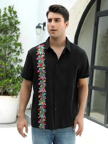 Mexican Shirts for Men Guayabera Embroidered Traditional Fiesta Button Up Collared Short Sleeve Shirt in Saudi Arabia