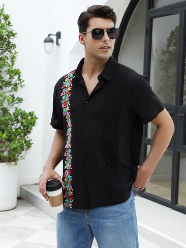 Mexican Shirts for Men Guayabera Embroidered Traditional Fiesta Button Up Collared Short Sleeve Shirt in Saudi Arabia