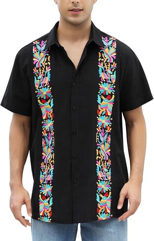 Mexican Shirts for Men Guayabera Embroidered Traditional Fiesta Button Up Collared Short Sleeve Shirt in Saudi Arabia
