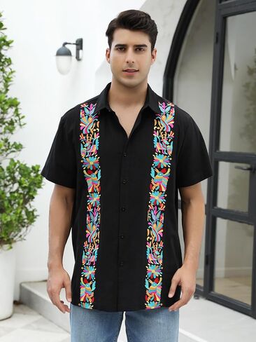 Mexican Shirts for Men Guayabera Embroidered Traditional Fiesta Button Up Collared Short Sleeve Shirt in Saudi Arabia
