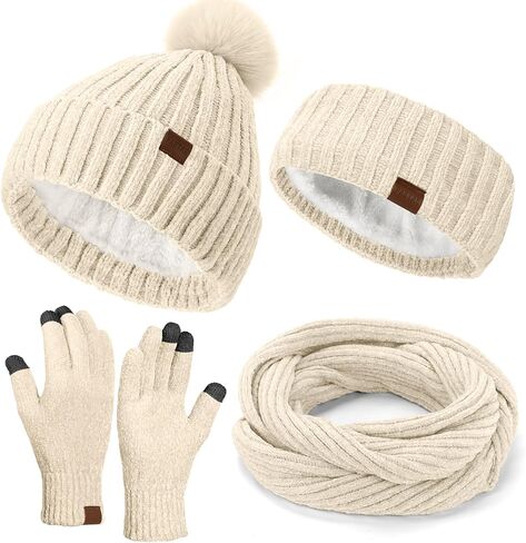 Winter Hats Gloves Scarf Set for Women, Beanie Hat Headband Ear Warmer, Infinity Scarf Touchscreen Gloves for Cold Weather in Saudi Arabia