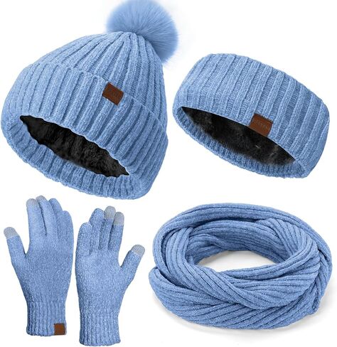 Winter Hats Gloves Scarf Set for Women, Beanie Hat Headband Ear Warmer, Infinity Scarf Touchscreen Gloves for Cold Weather in Saudi Arabia
