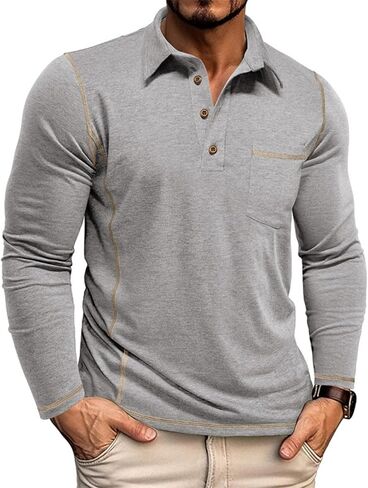 Men's Casual Long Sleeve Polo Shirts Collared Button Cotton T-Shirt Classic Stylish Golf Shirt with Pocket in Saudi Arabia