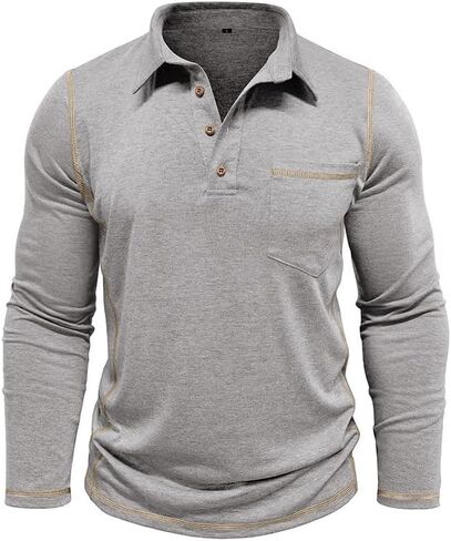 Men's Casual Long Sleeve Polo Shirts Collared Button Cotton T-Shirt Classic Stylish Golf Shirt with Pocket in Saudi Arabia