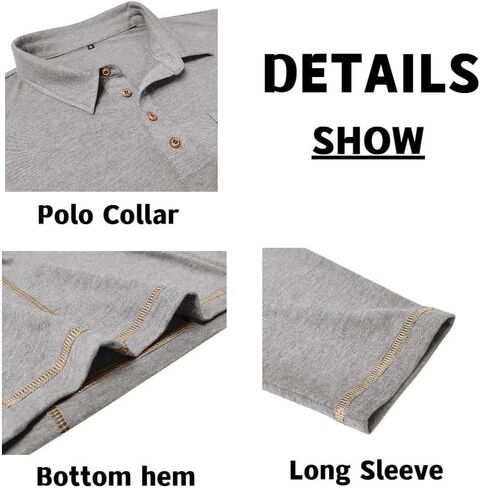 Men's Casual Long Sleeve Polo Shirts Collared Button Cotton T-Shirt Classic Stylish Golf Shirt with Pocket in Saudi Arabia