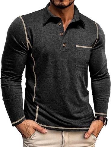 Men's Casual Long Sleeve Polo Shirts Collared Button Cotton T-Shirt Classic Stylish Golf Shirt with Pocket in Saudi Arabia