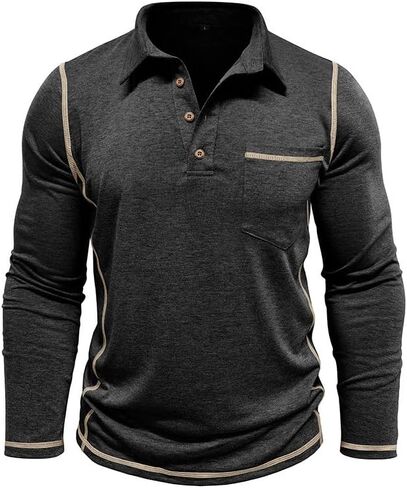 Men's Casual Long Sleeve Polo Shirts Collared Button Cotton T-Shirt Classic Stylish Golf Shirt with Pocket in Saudi Arabia