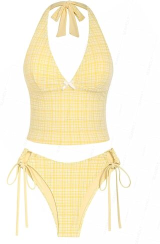 seamoly Vintage Gingham Halter Tank Top & Cinched Tie Side Tankini Set in Saudi Arabia