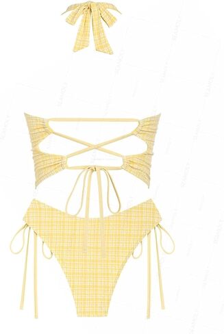 seamoly Vintage Gingham Halter Tank Top & Cinched Tie Side Tankini Set in Saudi Arabia