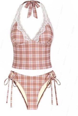 seamoly Vintage Gingham Halter Tank Top & Cinched Tie Side Tankini Set in Saudi Arabia