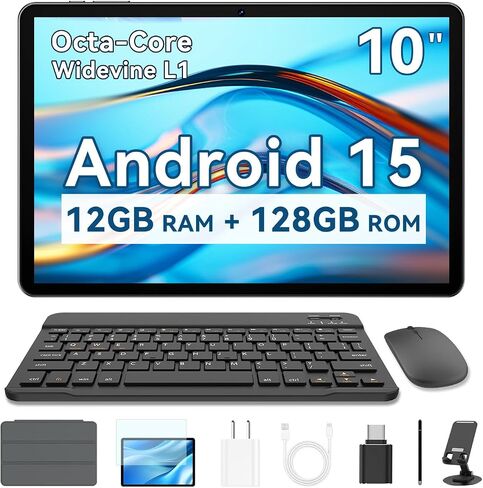 Android Tablet 10 Inch, 2025 Android 15 Tablet for Kids Adults, Octa-Core, 12GB RAM 128GB Storage 1TB Expandable, Dual Cameras 8MP 2MP, Split Screen, 6000mAh GPS Dual Speakers Face Unlock WiFi- Blue in Kuwait