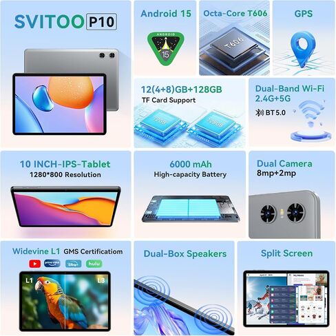 Android Tablet 10 Inch, 2025 Android 15 Tablet for Kids Adults, Octa-Core, 12GB RAM 128GB Storage 1TB Expandable, Dual Cameras 8MP 2MP, Split Screen, 6000mAh GPS Dual Speakers Face Unlock WiFi- Blue in Kuwait