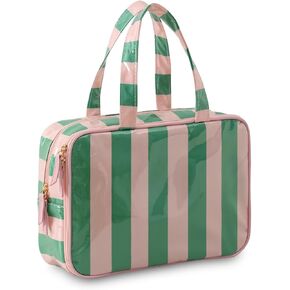 حقيبة أدوات الزينة للسفر للنساء، حقيبة مستحضرات تجميل مخططة مقاومة للماء ومحمولة ومحمولة مع حجرة، منظم سفر للشامبو والبلسم ومجموعة الفرش وإكسسوارات مستحضرات التجميل (وردي-أخضر) in Kuwait