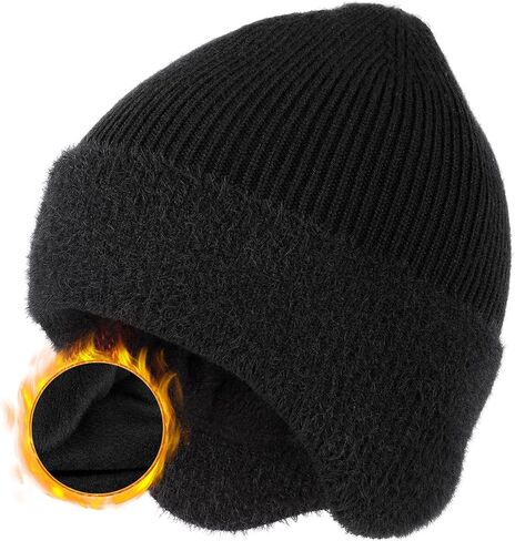 Winter Fleece Line Beanie with Earflap for Men Women, Outdoor Warm Thermal Knitted Hat Stocking Caps in Saudi Arabia