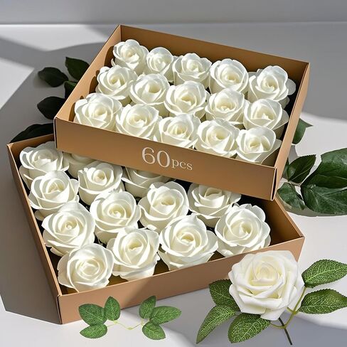 60pcs Artificial Flowers, White Foam Roses with Stems for DIY Wedding Bouquets Fake Flowers, White Roses, Artifical White Roses for Party Tables Decoration in Saudi Arabia
