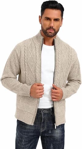 Les umes Mens Knitted Full Zipper Cardigan Fleece Lined Sweater Warm Stand Collar Jumper Coat with Pockets in Kuwait
