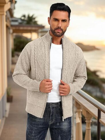 Les umes Mens Knitted Full Zipper Cardigan Fleece Lined Sweater Warm Stand Collar Jumper Coat with Pockets in Kuwait