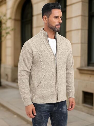 Les umes Mens Knitted Full Zipper Cardigan Fleece Lined Sweater Warm Stand Collar Jumper Coat with Pockets in Kuwait