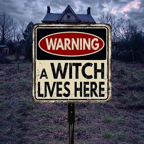 Halloween Decor Beware Sign, Haunted House Warning Decor with Witch Silhouette - Scary Indoor Outdoor Decorations for Lawn, Wall, Garage, Pub - Holiday Party Props 12x12 Inch in Saudi Arabia