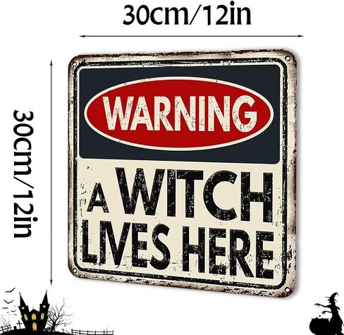 Halloween Decor Beware Sign, Haunted House Warning Decor with Witch Silhouette - Scary Indoor Outdoor Decorations for Lawn, Wall, Garage, Pub - Holiday Party Props 12x12 Inch in Saudi Arabia