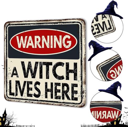 Halloween Decor Beware Sign, Haunted House Warning Decor with Witch Silhouette - Scary Indoor Outdoor Decorations for Lawn, Wall, Garage, Pub - Holiday Party Props 12x12 Inch in Saudi Arabia
