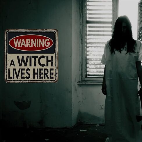 Halloween Decor Beware Sign, Haunted House Warning Decor with Witch Silhouette - Scary Indoor Outdoor Decorations for Lawn, Wall, Garage, Pub - Holiday Party Props 12x12 Inch in Saudi Arabia